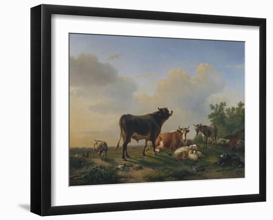 A Bull, a Cow, a Donkey, a Goat, Sheep and Poultry in an Extensive Landscape, 1849-Eugene Joseph Verboeckhoven-Framed Giclee Print