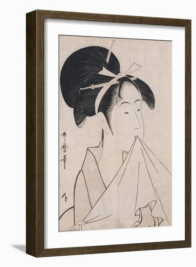 A Bust Portrait of Okita of the Naniwaya Holding a Hand Towel in Her Teeth and Stretching the Cloth-Kitagawa Utamaro-Framed Giclee Print