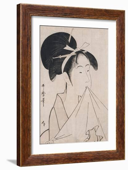 A Bust Portrait of Okita of the Naniwaya Holding a Hand Towel in Her Teeth and Stretching the Cloth-Kitagawa Utamaro-Framed Giclee Print