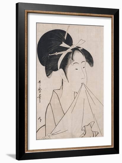 A Bust Portrait of Okita of the Naniwaya Holding a Hand Towel in Her Teeth and Stretching the Cloth-Kitagawa Utamaro-Framed Giclee Print