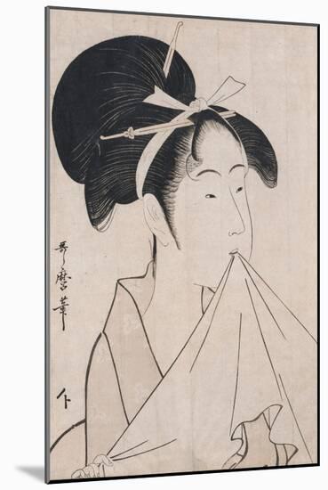 A Bust Portrait of Okita of the Naniwaya Holding a Hand Towel in Her Teeth and Stretching the Cloth-Kitagawa Utamaro-Mounted Giclee Print