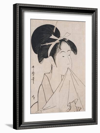 A Bust Portrait of Okita of the Naniwaya Holding a Hand Towel in Her Teeth and Stretching the Cloth-Kitagawa Utamaro-Framed Giclee Print