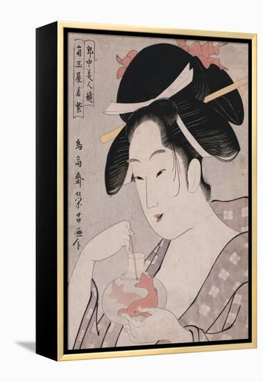 A Bust Portrait of the Courtesan Wakamurasaki of the Tsunotamaya Playing with Goldfish-Chokosai Eisho-Framed Premier Image Canvas