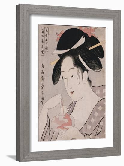 A Bust Portrait of the Courtesan Wakamurasaki of the Tsunotamaya Playing with Goldfish-Chokosai Eisho-Framed Giclee Print