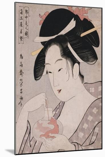 A Bust Portrait of the Courtesan Wakamurasaki of the Tsunotamaya Playing with Goldfish-Chokosai Eisho-Mounted Giclee Print