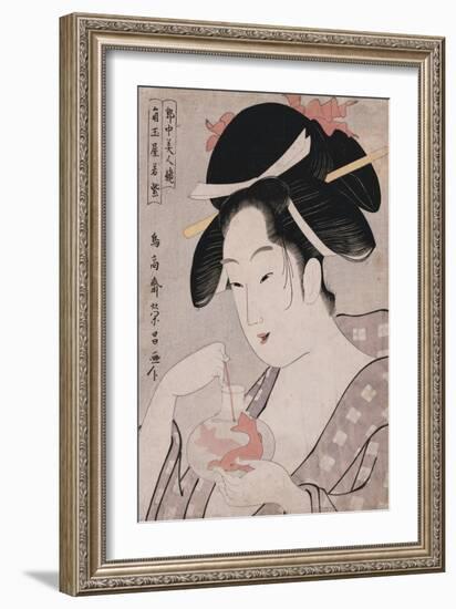 A Bust Portrait of the Courtesan Wakamurasaki of the Tsunotamaya Playing with Goldfish-Chokosai Eisho-Framed Giclee Print