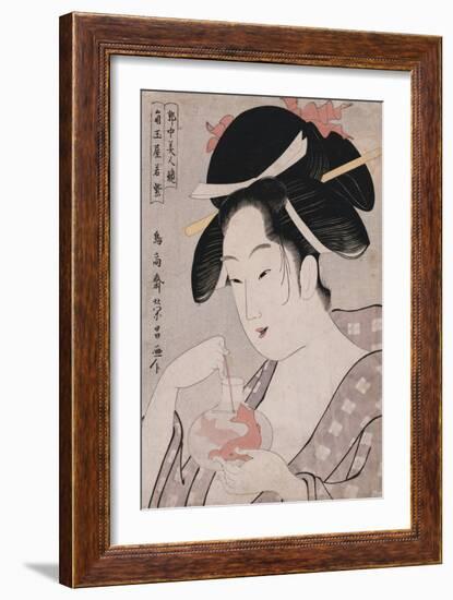 A Bust Portrait of the Courtesan Wakamurasaki of the Tsunotamaya Playing with Goldfish-Chokosai Eisho-Framed Giclee Print