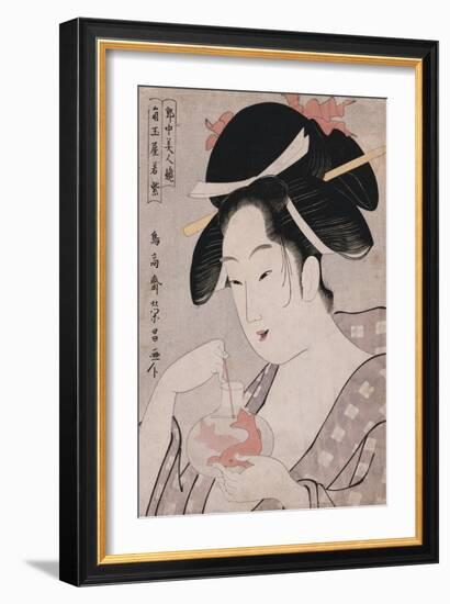 A Bust Portrait of the Courtesan Wakamurasaki of the Tsunotamaya Playing with Goldfish-Chokosai Eisho-Framed Giclee Print