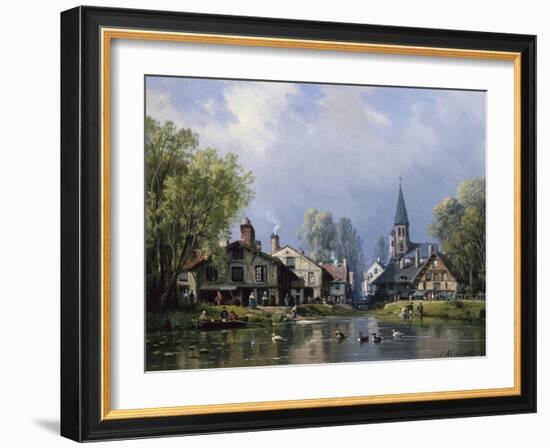 A Busy Riverside Village-Charles Euphrasie Kuwasseg-Framed Giclee Print