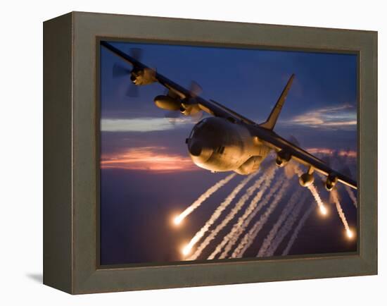 A C-130 Hercules Releases Flares During a Mission Over Kansas-Stocktrek Images-Framed Premier Image Canvas