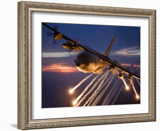 A C-130 Hercules Releases Flares During a Mission Over Kansas-Stocktrek Images-Framed Photographic Print