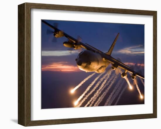 A C-130 Hercules Releases Flares During a Mission Over Kansas-Stocktrek Images-Framed Photographic Print