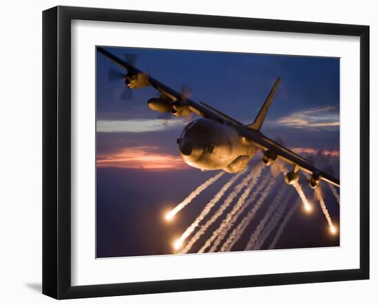 A C-130 Hercules Releases Flares During a Mission Over Kansas-Stocktrek Images-Framed Photographic Print