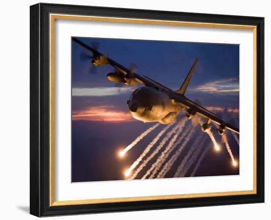 A C-130 Hercules Releases Flares During a Mission Over Kansas-Stocktrek Images-Framed Photographic Print