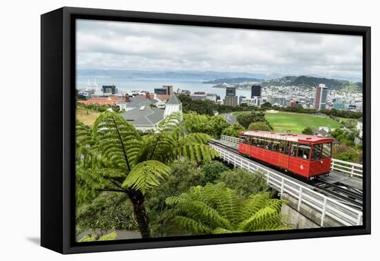A cable car heads up the funicular railway high above Wellington, the capital city, New Zealand-Logan Brown-Framed Premier Image Canvas