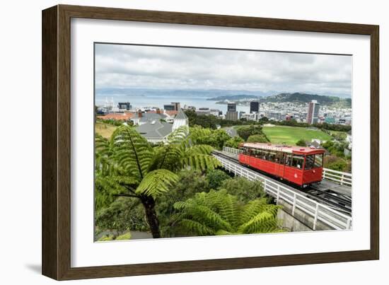 A cable car heads up the funicular railway high above Wellington, the capital city, New Zealand-Logan Brown-Framed Photographic Print