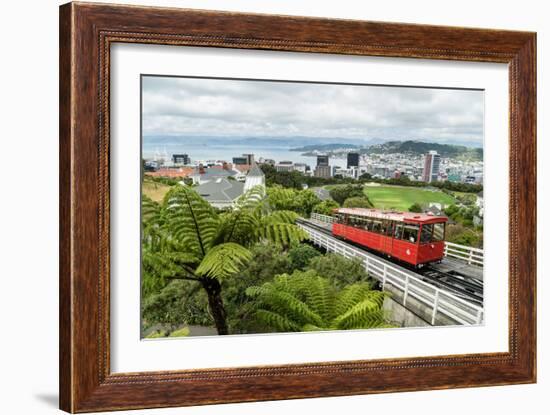 A cable car heads up the funicular railway high above Wellington, the capital city, New Zealand-Logan Brown-Framed Photographic Print