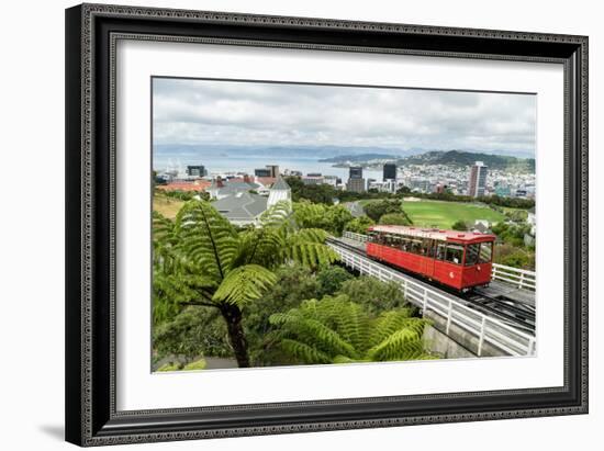 A cable car heads up the funicular railway high above Wellington, the capital city, New Zealand-Logan Brown-Framed Photographic Print