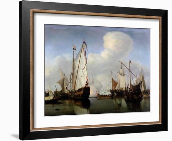 A Calm: a Dutch States Yacht Firing a Salute-Willem Van De, The Younger Velde-Framed Giclee Print