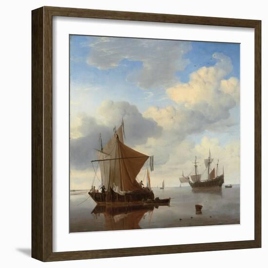 A Calm - a Smalschip and a Kaag at Anchor with an English Man-O'-War Beyond-Willem Van De, The Younger Velde-Framed Giclee Print