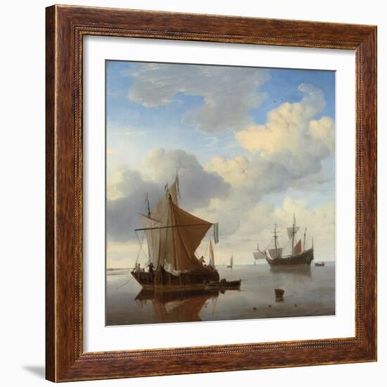 A Calm - a Smalschip and a Kaag at Anchor with an English Man-O'-War Beyond-Willem Van De, The Younger Velde-Framed Giclee Print