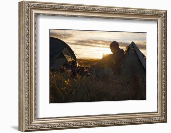 A camper sits in the evening sun, Picws Du, Black Mountain, Brecon Beacons National Park, Wales, Un-Charlie Harding-Framed Photographic Print