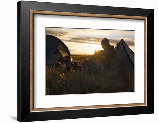 A camper sits in the evening sun, Picws Du, Black Mountain, Brecon Beacons National Park, Wales, Un-Charlie Harding-Framed Photographic Print