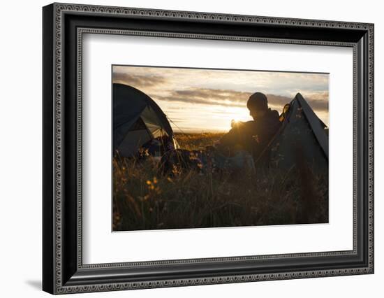 A camper sits in the evening sun, Picws Du, Black Mountain, Brecon Beacons National Park, Wales, Un-Charlie Harding-Framed Photographic Print