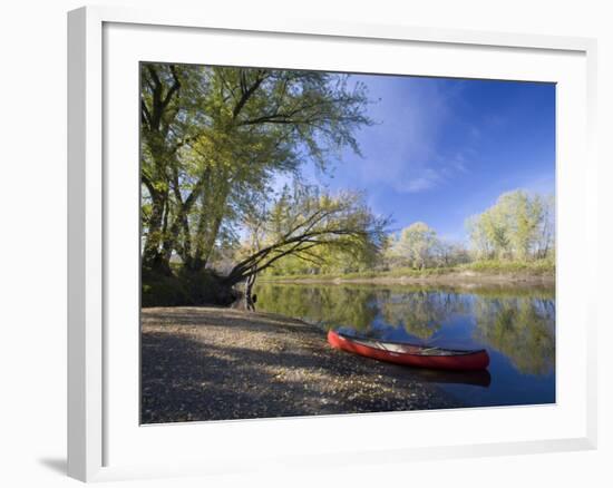 A Canoe rests on the banks of he Connecticut River in Maidstone, Vermont, USA-Jerry & Marcy Monkman-Framed Photographic Print