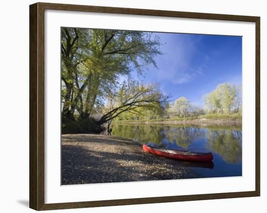 A Canoe rests on the banks of he Connecticut River in Maidstone, Vermont, USA-Jerry & Marcy Monkman-Framed Photographic Print