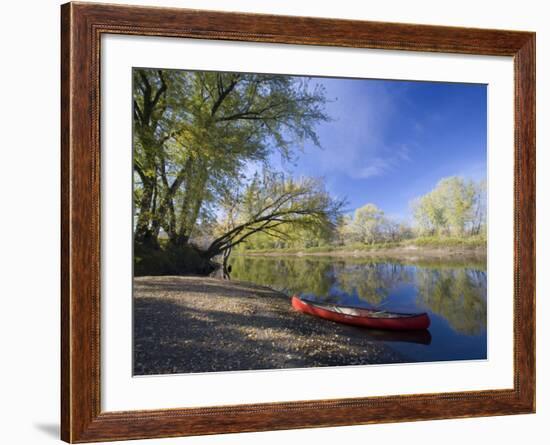 A Canoe rests on the banks of he Connecticut River in Maidstone, Vermont, USA-Jerry & Marcy Monkman-Framed Photographic Print