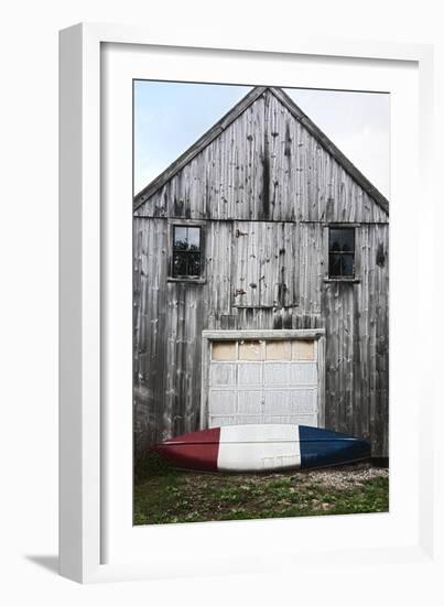 A Canoe Sits In Front Of A Weathered Old Boat House On The Coast Of Maine-Erik Kruthoff-Framed Photographic Print