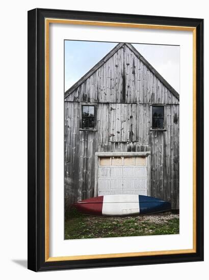 A Canoe Sits In Front Of A Weathered Old Boat House On The Coast Of Maine-Erik Kruthoff-Framed Photographic Print