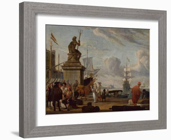 A Capriccio Mediterranean Harbour with Elegant Figures and Merchants, 1689-Abraham Storck-Framed Giclee Print