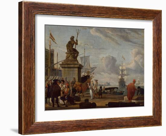 A Capriccio Mediterranean Harbour with Elegant Figures and Merchants, 1689-Abraham Storck-Framed Giclee Print