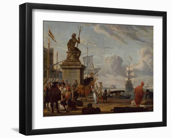 A Capriccio Mediterranean Harbour with Elegant Figures and Merchants, 1689-Abraham Storck-Framed Giclee Print