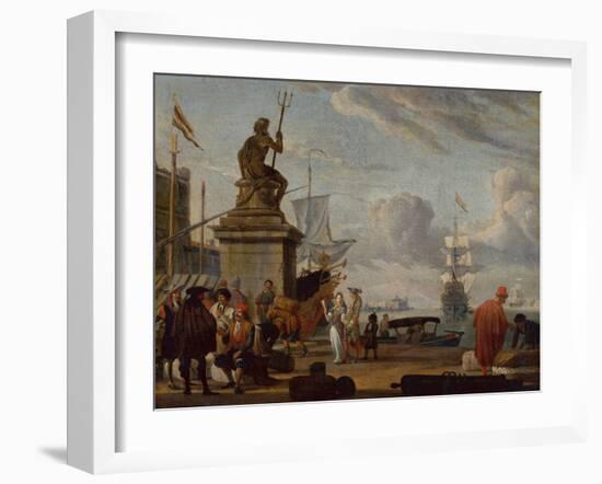 A Capriccio Mediterranean Harbour with Elegant Figures and Merchants, 1689-Abraham Storck-Framed Giclee Print