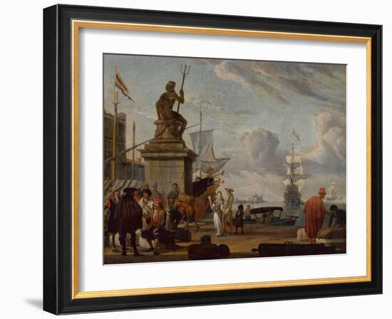 A Capriccio Mediterranean Harbour with Elegant Figures and Merchants, 1689-Abraham Storck-Framed Giclee Print