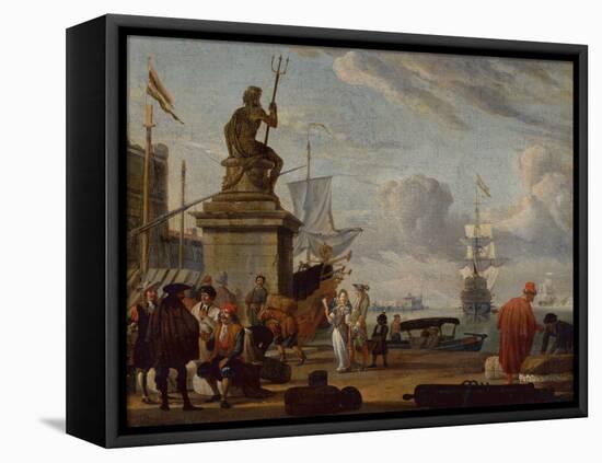 A Capriccio Mediterranean Harbour with Elegant Figures and Merchants, 1689-Abraham Storck-Framed Premier Image Canvas