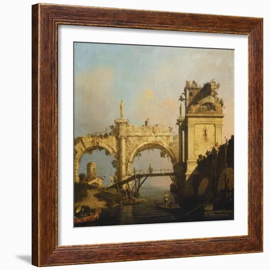 A Capriccio of a Ruined Renaissance Arcade and Pavillion by a Waterway Crossed by a Wooden…-Canaletto-Framed Giclee Print