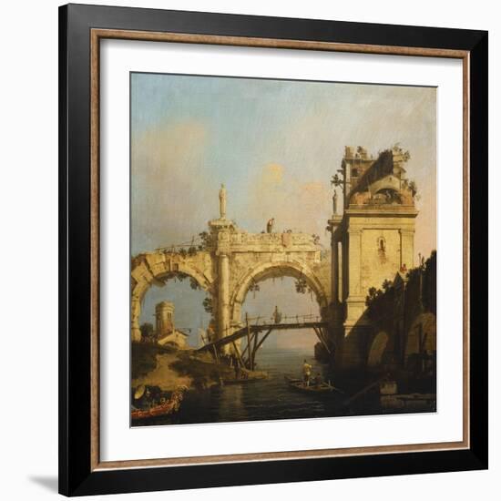 A Capriccio of a Ruined Renaissance Arcade and Pavillion by a Waterway Crossed by a Wooden…-Canaletto-Framed Giclee Print