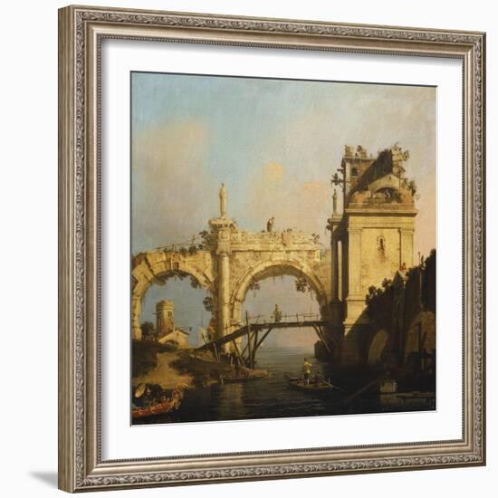 A Capriccio of a ruined Renaissance Arcade and Pavillion by a Waterway-Canaletto-Framed Giclee Print