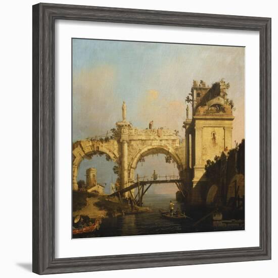 A Capriccio of a ruined Renaissance Arcade and Pavillion by a Waterway-Canaletto-Framed Giclee Print