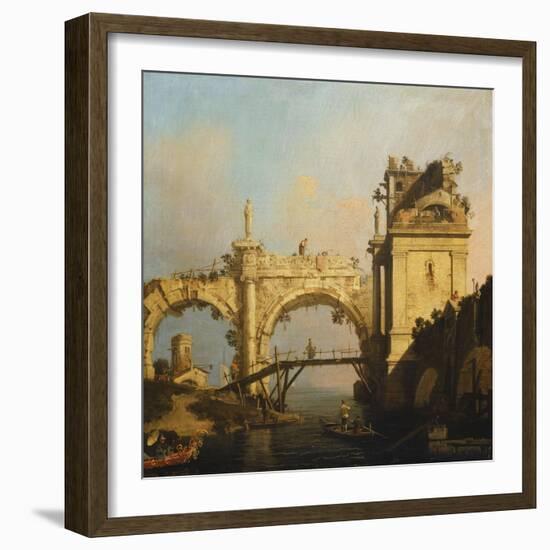 A Capriccio of a ruined Renaissance Arcade and Pavillion by a Waterway-Canaletto-Framed Giclee Print