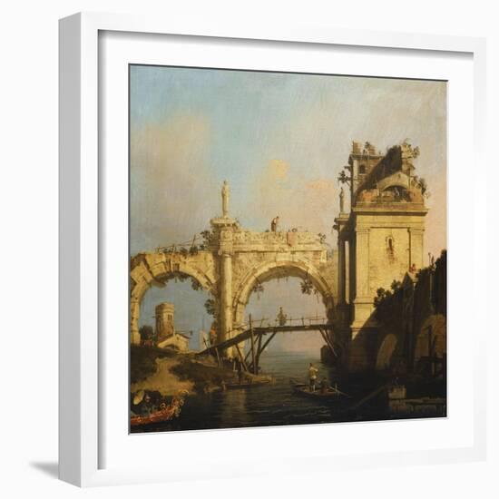 A Capriccio of a ruined Renaissance Arcade and Pavillion by a Waterway-Canaletto-Framed Giclee Print