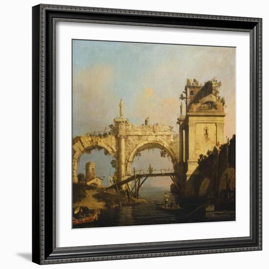A Capriccio of a ruined Renaissance Arcade and Pavillion by a Waterway-Canaletto-Framed Giclee Print