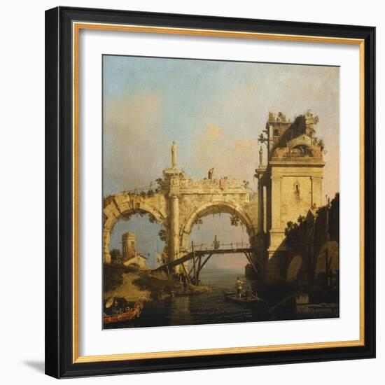 A Capriccio of a ruined Renaissance Arcade and Pavillion by a Waterway-Canaletto-Framed Giclee Print