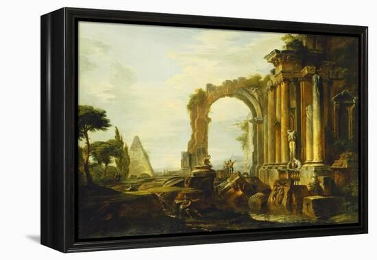 A Capriccio of Classical Ruins with the Pyramid of Cestius and Figures in a Landscape-Giovanni Paolo Panini-Framed Premier Image Canvas