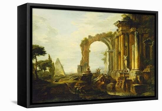 A Capriccio of Classical Ruins with the Pyramid of Cestius and Figures in a Landscape-Giovanni Paolo Panini-Framed Premier Image Canvas