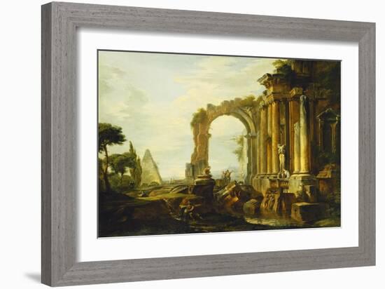 A Capriccio of Classical Ruins with the Pyramid of Cestius and Figures in a Landscape-Giovanni Paolo Panini-Framed Giclee Print